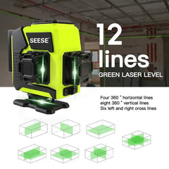 SEESE 12-Line Green Laser Level 3x360° Self-Leveling, Remote Control, Dual Batteries, Full Accessories for Tile, Cabinet & Home Improvement ,Gift for Thanksgiving,Christmas,New Year