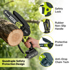 SEESE Brushless Mini ChainSaw - Portable Electric Cordless Saw for Wood Cutting, Batteries (2000mAh) ,Pruning, Gardening, Camping - Suitable for Seniors, Women Gift for Thanksgiving,Christmas,New Year