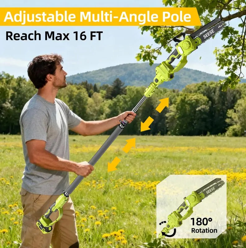 SEESE 2-in-1 Brushless Mini Chainsaw, 8 Electric Telescopic Pruner with 2×21V Batteries, 60° Adjustable Head and Shoulder Strap, Max Reach 15ft