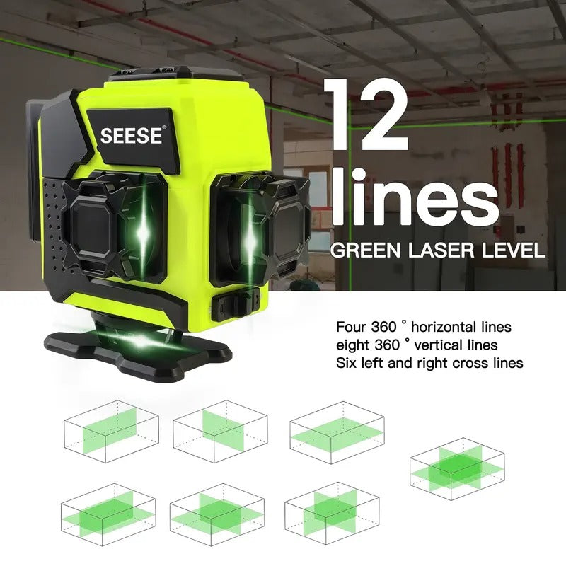 SEESE 12-Line Green Laser Level 3x360° Self-Leveling, Remote Control, Dual Batteries, Full Accessories for Tile, Cabinet & Home Improvement ,Gift for Thanksgiving,Christmas,New Year