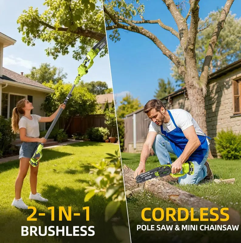 SEESE 2-in-1 Brushless Mini Chainsaw, 8 Electric Telescopic Pruner with 2×21V Batteries, 60° Adjustable Head and Shoulder Strap, Max Reach 15ft