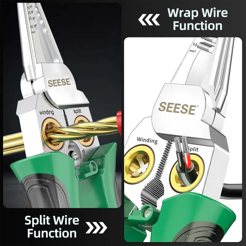 SEESE 8-in-1 Wire Stripper for Electrician: Needle Nose Pliers with Voltage Tester & Dual Alarms - Electrical Pliers for Cutting Wires, Pulling Wires and Crimp Wires